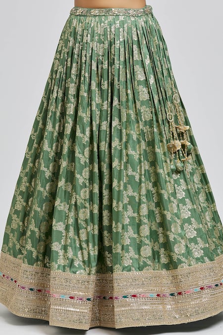 Meenagurnam_Green Silk, Net, Jacquard Beads, Mirrors, Floral Blossom Pattern Lehenga Set _Online_at_Aza_Fashions