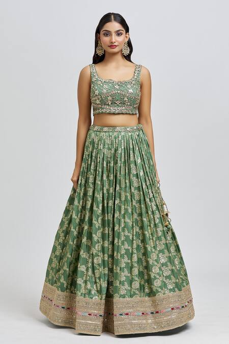 Buy_Meenagurnam_Green Silk, Net, Jacquard Beads, Mirrors, Floral Blossom Pattern Lehenga Set _Online_at_Aza_Fashions