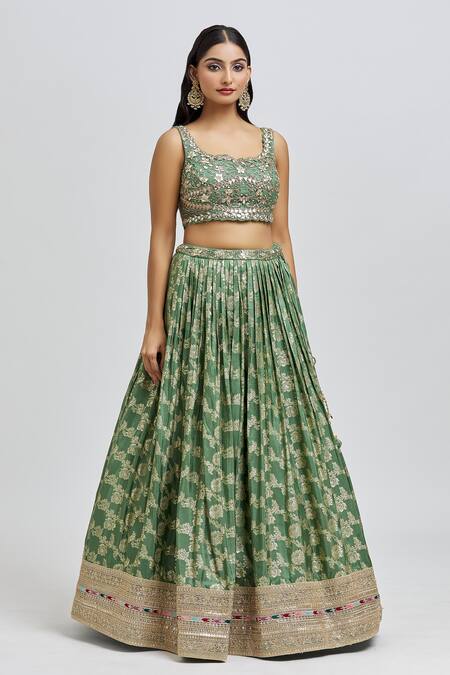 Shop_Meenagurnam_Green Silk, Net, Jacquard Beads, Mirrors, Floral Blossom Pattern Lehenga Set _Online_at_Aza_Fashions
