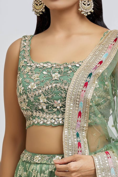 Meenagurnam_Green Silk, Net, Jacquard Beads, Mirrors, Floral Blossom Pattern Lehenga Set _at_Aza_Fashions