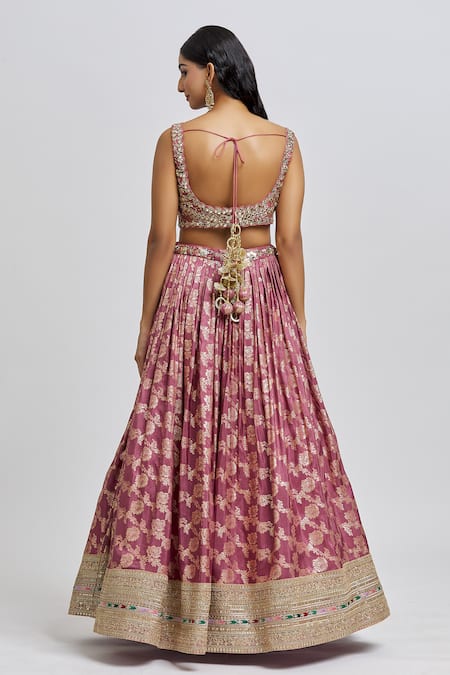 Shop_Meenagurnam_Pink Silk, Net, Jacquard Beads, Mirrors, Flower Blossom Pattern Lehenga Set _at_Aza_Fashions