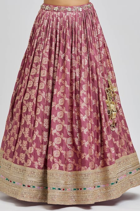 Meenagurnam_Pink Silk, Net, Jacquard Beads, Mirrors, Flower Blossom Pattern Lehenga Set _Online_at_Aza_Fashions