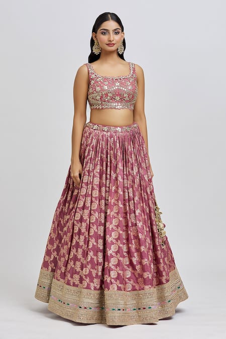 Buy_Meenagurnam_Pink Silk, Net, Jacquard Beads, Mirrors, Flower Blossom Pattern Lehenga Set _Online_at_Aza_Fashions