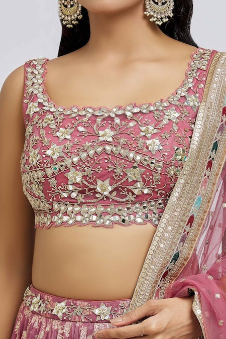 Shop_Meenagurnam_Pink Silk, Net, Jacquard Beads, Mirrors, Flower Blossom Pattern Lehenga Set _Online_at_Aza_Fashions