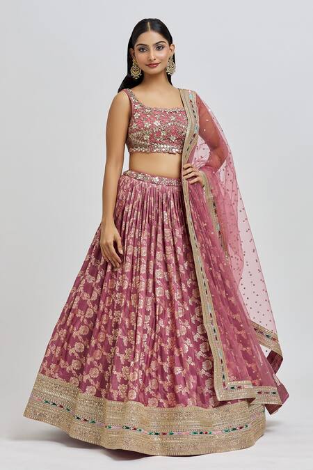 Meenagurnam_Pink Silk, Net, Jacquard Beads, Mirrors, Flower Blossom Pattern Lehenga Set _at_Aza_Fashions