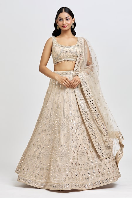 MeenaGurnam Beige Blouse And Lehenga Russian Silk Embroidery Foil Scoop Floral Mirror Set 