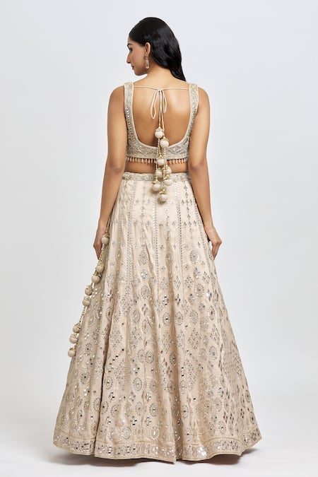 Shop Meenagurnam Beige Silk, Net Beads, Embroidery, Sequins, Foil Floral Mirror Lehenga Set at Aza Fashions Shop_Meenagurnam_Beige Silk, Net Beads, Embroidery, Sequins, Foil Floral Mirror Lehenga Set _at_Aza_Fashions