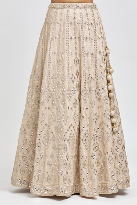 Meenagurnam Beige Silk, Net Beads, Embroidery, Sequins, Foil Floral Mirror Lehenga Set Online at Aza Fashions Meenagurnam_Beige Silk, Net Beads, Embroidery, Sequins, Foil Floral Mirror Lehenga Set _Online_at_Aza_Fashions