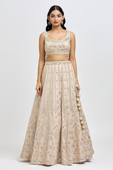 Buy Meenagurnam Beige Silk, Net Beads, Embroidery, Sequins, Foil Floral Mirror Lehenga Set Online at Aza Fashions Buy_Meenagurnam_Beige Silk, Net Beads, Embroidery, Sequins, Foil Floral Mirror Lehenga Set _Online_at_Aza_Fashions