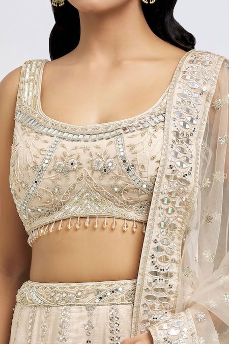 Shop Meenagurnam Beige Silk, Net Beads, Embroidery, Sequins, Foil Floral Mirror Lehenga Set Online at Aza Fashions Shop_Meenagurnam_Beige Silk, Net Beads, Embroidery, Sequins, Foil Floral Mirror Lehenga Set _Online_at_Aza_Fashions