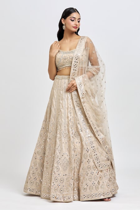 Meenagurnam Beige Silk, Net Beads, Embroidery, Sequins, Foil Floral Mirror Lehenga Set at Aza Fashions Meenagurnam_Beige Silk, Net Beads, Embroidery, Sequins, Foil Floral Mirror Lehenga Set _at_Aza_Fashions