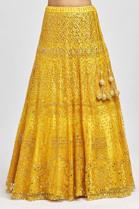 Meenagurnam_Yellow Net Sequins, Mirrors Round Neck And Embroidered Lehenga Set _Online_at_Aza_Fashions