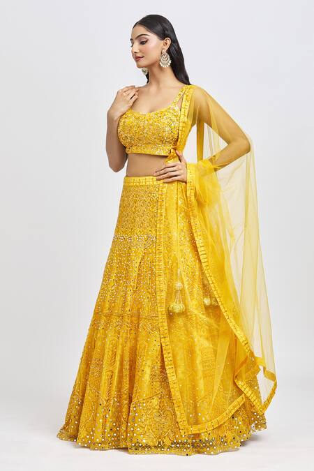 Meenagurnam_Yellow Net Sequins, Mirrors Round Neck And Embroidered Lehenga Set _at_Aza_Fashions