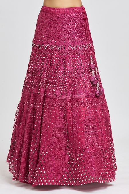 Meenagurnam_Magenta Net Sequins, Mirrors Round Neck Embroidered Lehenga Set _Online_at_Aza_Fashions