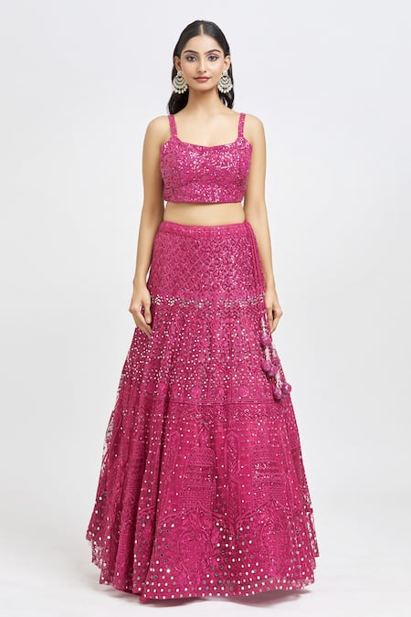 Buy_Meenagurnam_Magenta Net Sequins, Mirrors Round Neck Embroidered Lehenga Set _Online_at_Aza_Fashions