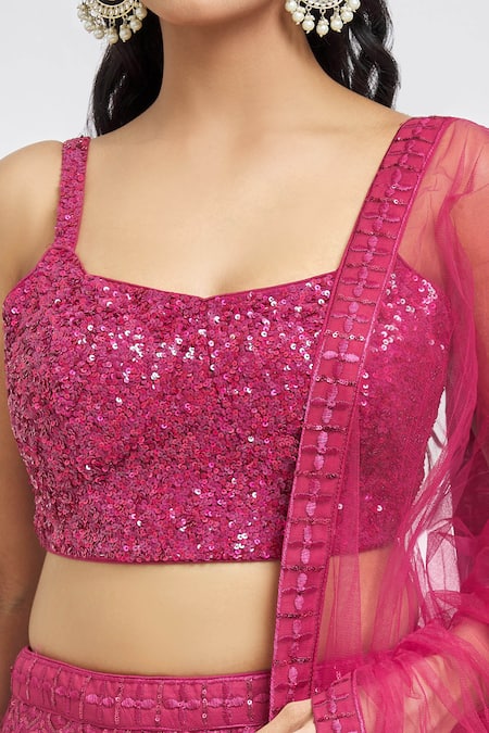 Shop_Meenagurnam_Magenta Net Sequins, Mirrors Round Neck Embroidered Lehenga Set _Online_at_Aza_Fashions