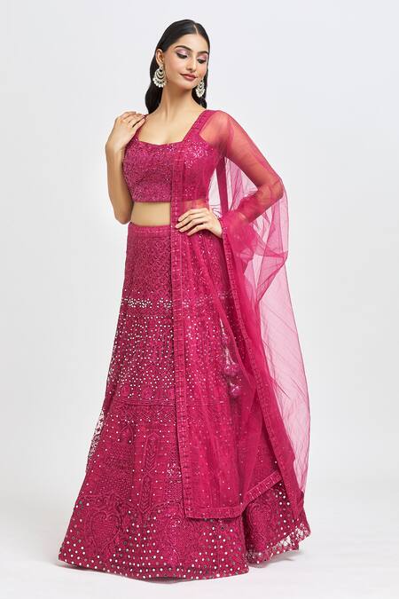Meenagurnam_Magenta Net Sequins, Mirrors Round Neck Embroidered Lehenga Set _at_Aza_Fashions