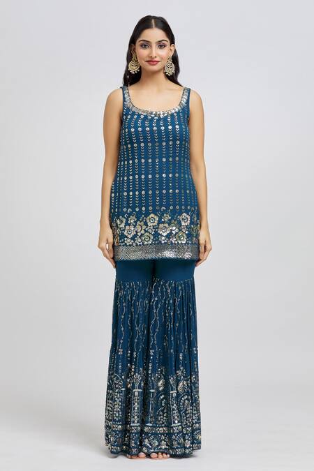 Meenagurnam_Blue Kurta And Sharara Georgette Embroidery Sequins Scoop Neck Set _Online_at_Aza_Fashions