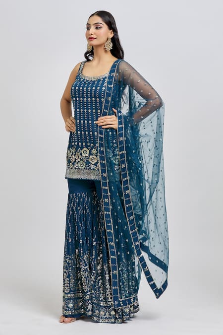 Meenagurnam_Blue Kurta And Sharara Georgette Embroidery Sequins Scoop Neck Set _at_Aza_Fashions