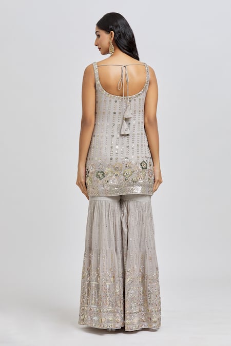 Shop_Meenagurnam_Grey Kurta And Sharara Georgette Embroidery Sequins Scoop Neck Floral Set _at_Aza_Fashions