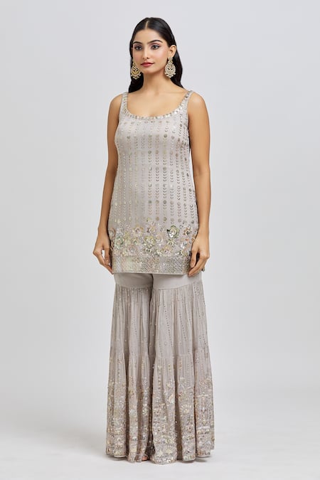Buy_Meenagurnam_Grey Kurta And Sharara Georgette Embroidery Sequins Scoop Neck Floral Set _Online_at_Aza_Fashions
