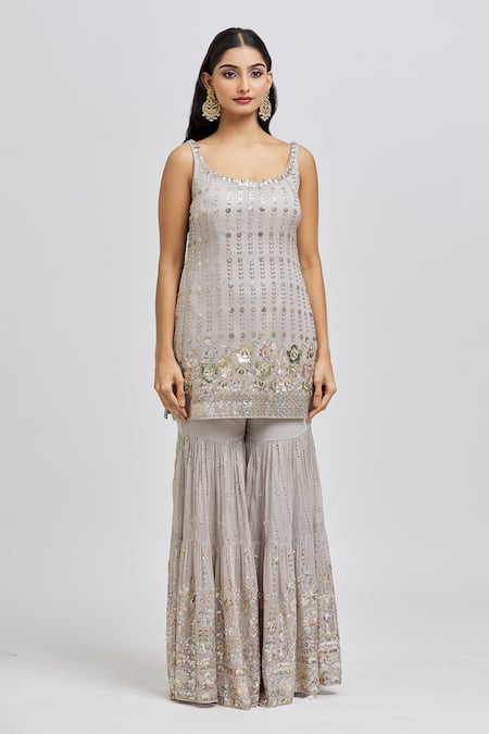 Shop_Meenagurnam_Grey Kurta And Sharara Georgette Embroidery Sequins Scoop Neck Floral Set _Online_at_Aza_Fashions
