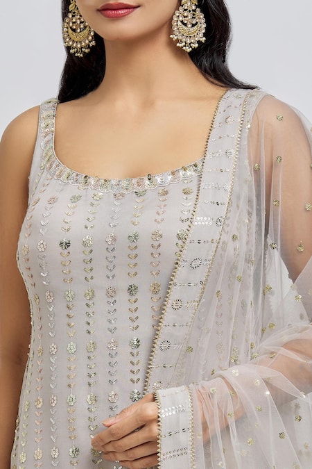 Meenagurnam_Grey Kurta And Sharara Georgette Embroidery Sequins Scoop Neck Floral Set _at_Aza_Fashions