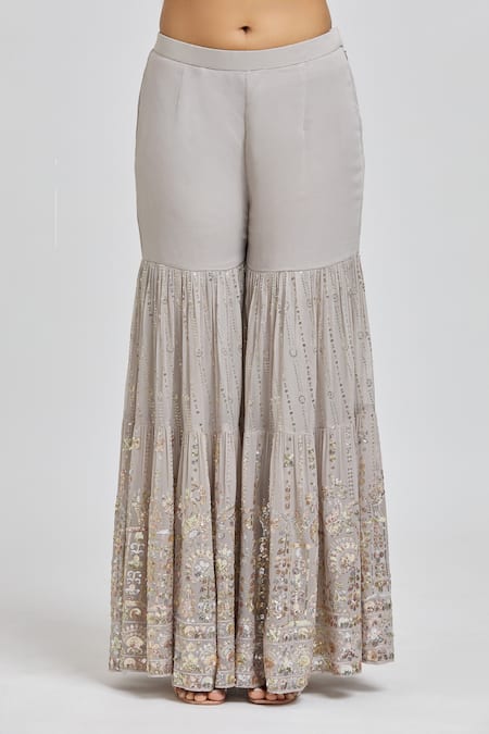 Buy_Meenagurnam_Grey Kurta And Sharara Georgette Embroidery Sequins Scoop Neck Floral Set 