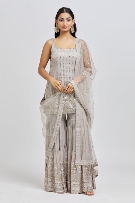 Shop_Meenagurnam_Grey Kurta And Sharara Georgette Embroidery Sequins Scoop Neck Floral Set 