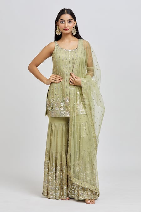 MeenaGurnam Floret Sequin Embroidered Kurta Sharara Set 