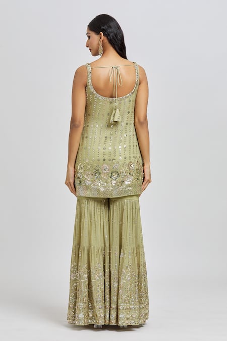 Shop_Meenagurnam_Green Georgette, Net Sequins Scoop Neck Floret Embroidered Kurta Sharara Set _at_Aza_Fashions