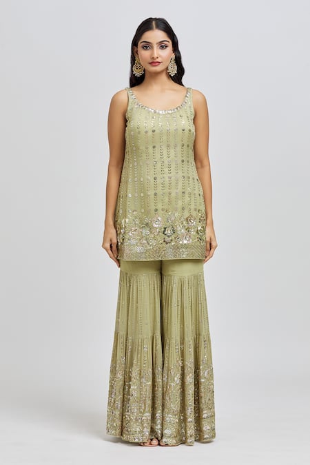 Meenagurnam_Green Georgette, Net Sequins Scoop Neck Floret Embroidered Kurta Sharara Set _Online_at_Aza_Fashions