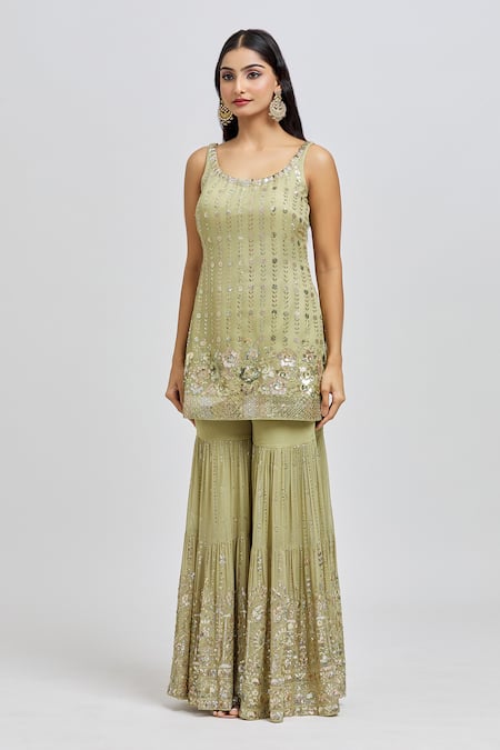 Buy_Meenagurnam_Green Georgette, Net Sequins Scoop Neck Floret Embroidered Kurta Sharara Set _Online_at_Aza_Fashions