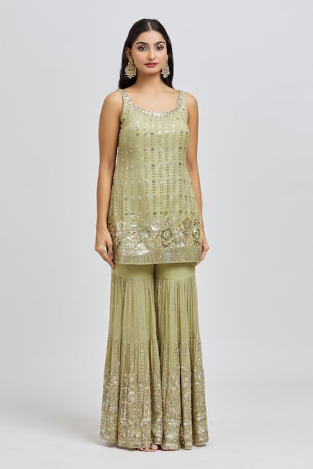 Shop_Meenagurnam_Green Georgette, Net Sequins Scoop Neck Floret Embroidered Kurta Sharara Set _Online_at_Aza_Fashions