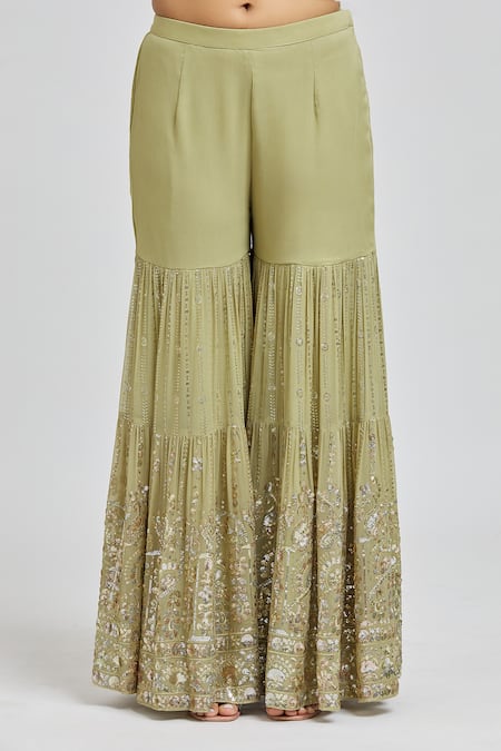 Meenagurnam_Green Georgette, Net Sequins Scoop Neck Floret Embroidered Kurta Sharara Set _at_Aza_Fashions