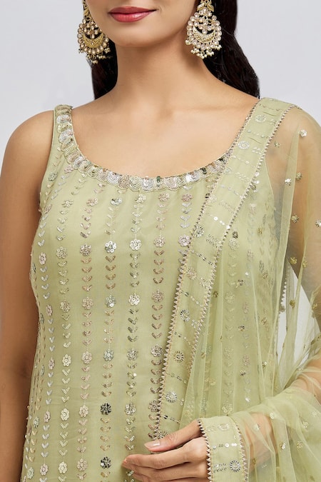 Buy_Meenagurnam_Green Georgette, Net Sequins Scoop Neck Floret Embroidered Kurta Sharara Set 