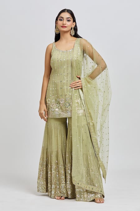 Shop_Meenagurnam_Green Georgette, Net Sequins Scoop Neck Floret Embroidered Kurta Sharara Set 