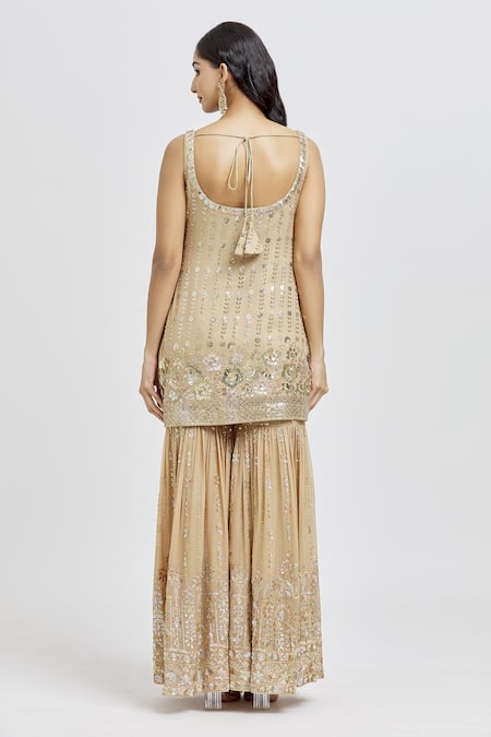 Shop_Meenagurnam_Brown Kurta And Sharara Georgette Embroidery Sequins Scoop Floral Butti Set _at_Aza_Fashions