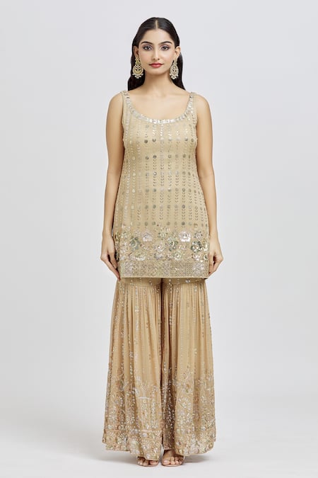 Meenagurnam_Brown Kurta And Sharara Georgette Embroidery Sequins Scoop Floral Butti Set _Online_at_Aza_Fashions