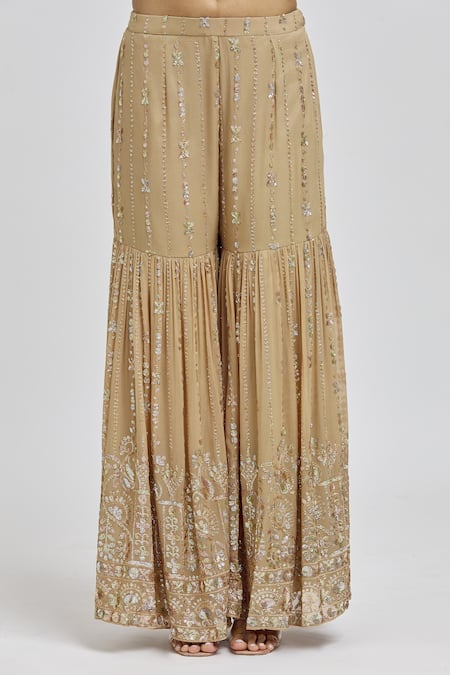 Shop_Meenagurnam_Brown Kurta And Sharara Georgette Embroidery Sequins Scoop Floral Butti Set _Online_at_Aza_Fashions