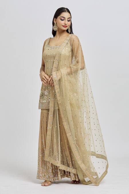 Meenagurnam_Brown Kurta And Sharara Georgette Embroidery Sequins Scoop Floral Butti Set _at_Aza_Fashions
