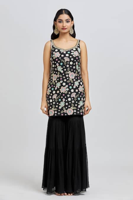 Meenagurnam_Black Kurta And Sharara Georgette Embroidery Sequin Tear Floral Blossom Set _Online_at_Aza_Fashions