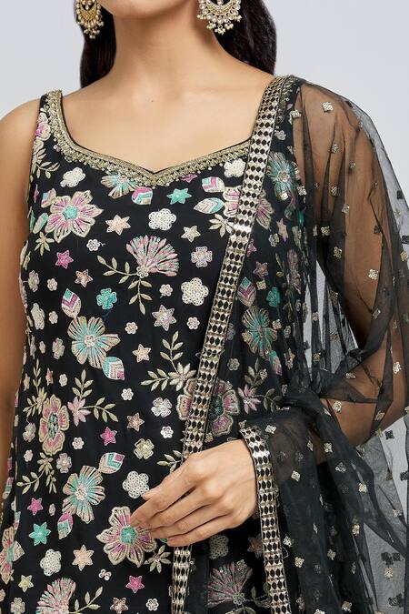 Buy_Meenagurnam_Black Kurta And Sharara Georgette Embroidery Sequin Tear Floral Blossom Set _Online_at_Aza_Fashions