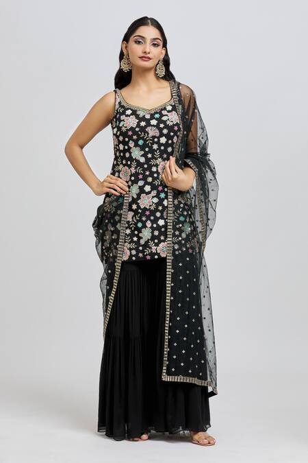 Meenagurnam_Black Kurta And Sharara Georgette Embroidery Sequin Tear Floral Blossom Set _at_Aza_Fashions