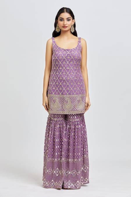 Meenagurnam_Purple Kurta And Sharara Georgette Embroidery Sequins Scoop Quatrefoil Set _Online_at_Aza_Fashions