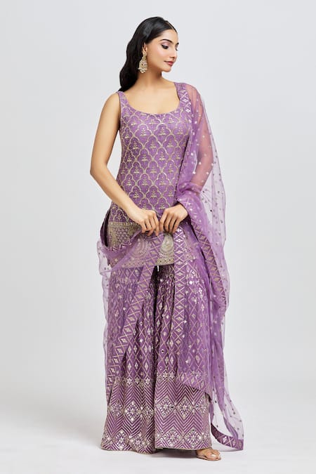 Meenagurnam_Purple Kurta And Sharara Georgette Embroidery Sequins Scoop Quatrefoil Set _at_Aza_Fashions