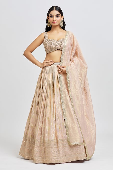 MeenaGurnam Pleated Floral Vine Pattern Lehenga Set 