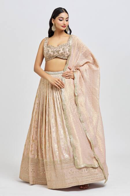 Meenagurnam Gold Crepe Tissue Embroidery Sequin Pleated Floral Vine Pattern Lehenga Set at Aza Fashions Meenagurnam_Gold Crepe Tissue Embroidery Sequin Pleated Floral Vine Pattern Lehenga Set _at_Aza_Fashions