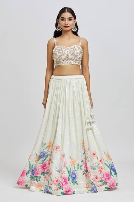Buy_Meenagurnam_Ivory Blouse And Dupatta Net Print Floral Sweetheart Neck Blossom Lehenga Set _Online_at_Aza_Fashions