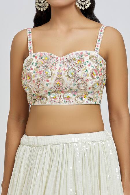 Shop_Meenagurnam_Ivory Blouse And Dupatta Net Print Floral Sweetheart Neck Blossom Lehenga Set _Online_at_Aza_Fashions